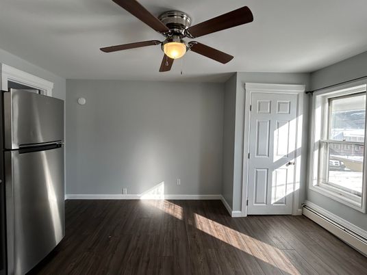 Empty room, Interior, Kitchen, Stainless Steel Appliances, Wood Texture Flooring
