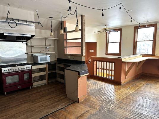 Interior, Kitchen, Pendant Lights, Stainless Steel Appliances, Wood Texture Flooring