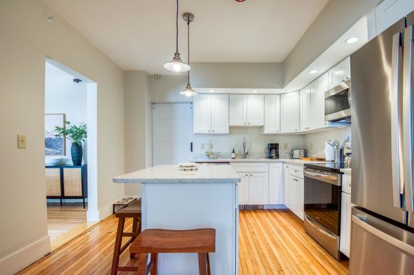 Interior, Kitchen, Pendant Lights, Recessed Lighting, Stainless Steel Appliances, Wood Texture Flooring