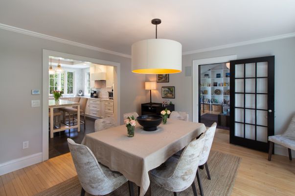 Dining room, Interior, Kitchen, Pendant Lights, Wood Texture Flooring