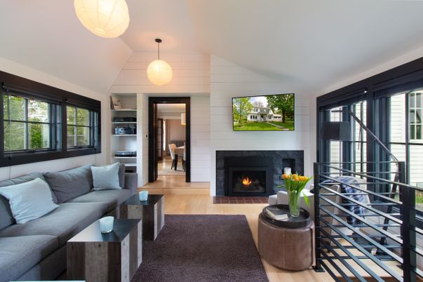 Fireplace, Interior, Living room, Pendant Lights, Wood Texture Flooring