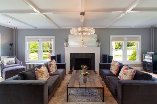 Fireplace, Interior, Living room, Pendant Lights, Wood Texture Flooring