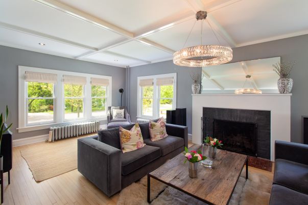 Fireplace, Interior, Living room, Pendant Lights, Recessed Lighting, Wood Texture Flooring