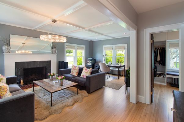 Chandelier, Dining room, Fireplace, Interior, Living room, Pendant Lights, Recessed Lighting, Wood Texture Flooring