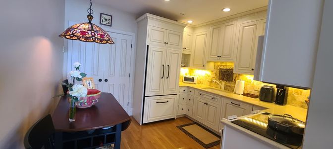 Interior, Kitchen, Pendant Lights, Recessed Lighting, Wood Texture Flooring