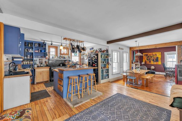 Dining room, Interior, Kitchen, Pendant Lights, Wooden Beams, Wood Texture Flooring