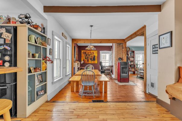 Dining room, Fireplace, Interior, Pendant Lights, Wooden Beams, Wood Texture Flooring