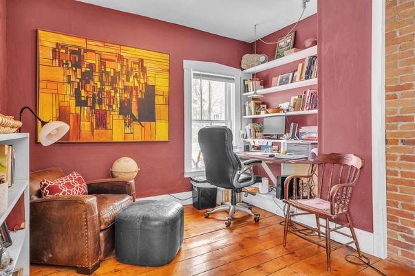 Home Office, Interior, Stone Walls, Wood Texture Flooring