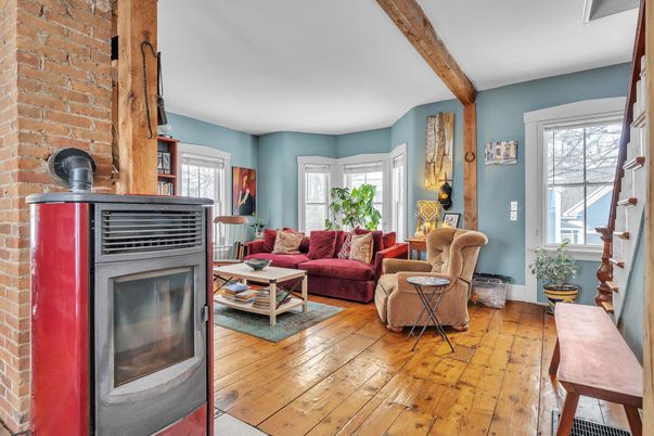 Fireplace, Interior, Living room, Stone Walls, Wooden Beams, Wood Texture Flooring