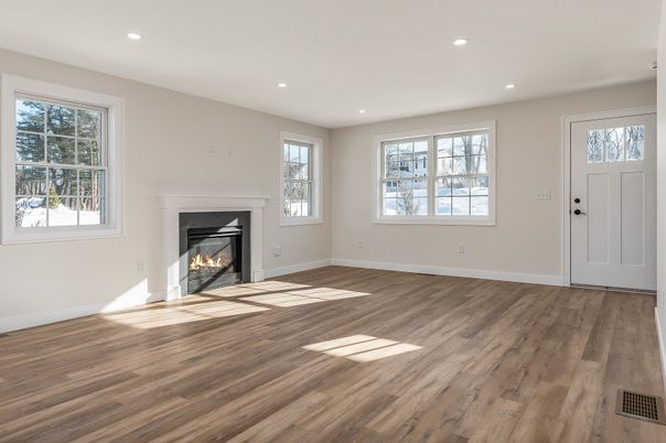Empty room, Fireplace, Interior, Recessed Lighting, Wood Texture Flooring