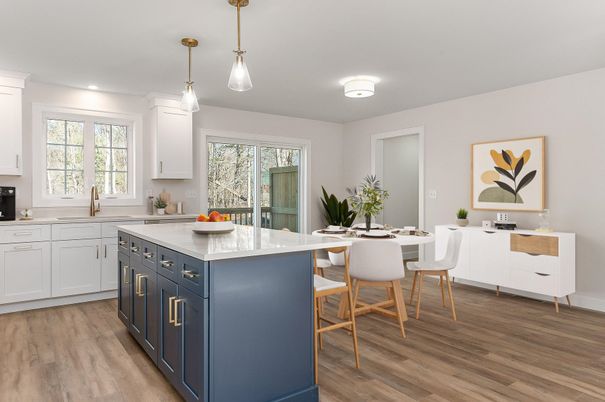 Dining room, Interior, Kitchen, Pendant Lights, Recessed Lighting, Wood Texture Flooring