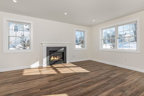 Empty room, Fireplace, Interior, Recessed Lighting, Wood Texture Flooring