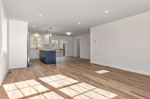 Empty room, Interior, Kitchen, Pendant Lights, Recessed Lighting, Wood Texture Flooring