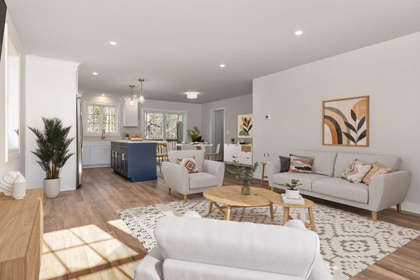 Dining room, Interior, Kitchen, Living room, Pendant Lights, Recessed Lighting, Wood Texture Flooring