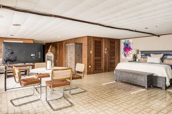 Bedroom, Dining room, Interior, Recessed Lighting, Wooden Walls