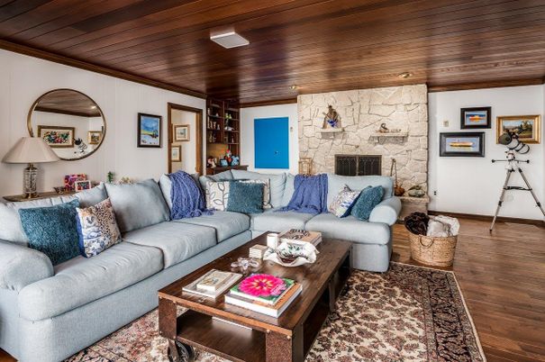Fireplace, Interior, Living room, Recessed Lighting, Stone Walls, Wooden Ceilings, Wood Texture Flooring