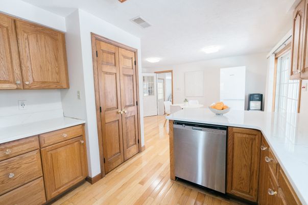 Dining room, Interior, Kitchen, Recessed Lighting, Stainless Steel Appliances, Wood Texture Flooring
