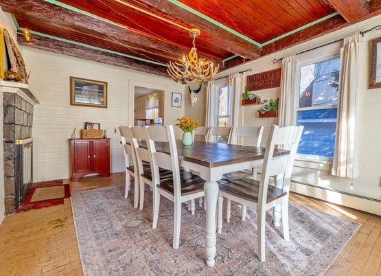 Chandelier, Dining room, Interior, Wooden Ceilings, Wood Texture Flooring