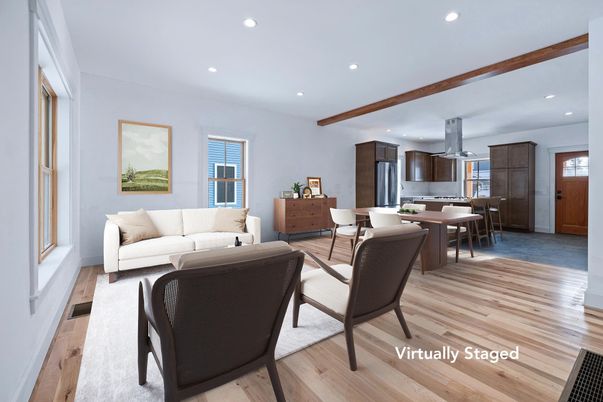 Dining room, Interior, Kitchen, Living room, Recessed Lighting, Stainless Steel Appliances, Wooden Beams, Wood Texture Flooring