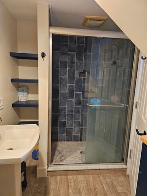 Bathroom, Glass Shower, Interior, Wood Texture Flooring
