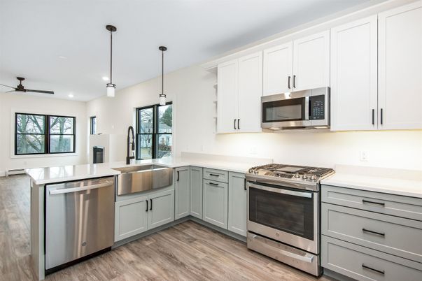 Interior, Kitchen, Pendant Lights, Recessed Lighting, Stainless Steel Appliances, Wood Texture Flooring