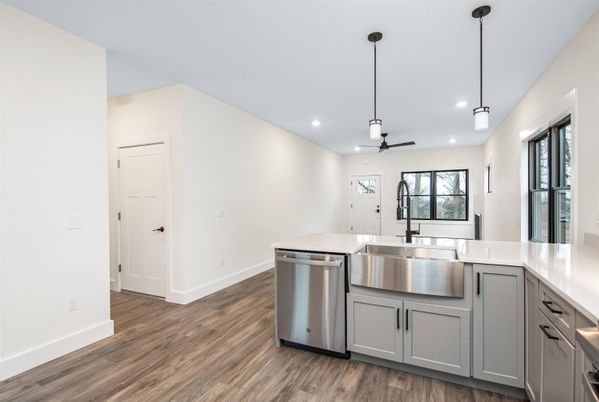 Interior, Kitchen, Pendant Lights, Recessed Lighting, Stainless Steel Appliances, Wood Texture Flooring