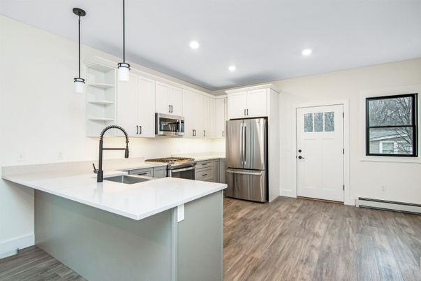 Interior, Kitchen, Pendant Lights, Recessed Lighting, Stainless Steel Appliances, Wood Texture Flooring