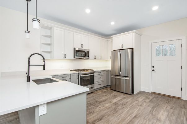 Interior, Kitchen, Pendant Lights, Recessed Lighting, Stainless Steel Appliances, Wood Texture Flooring