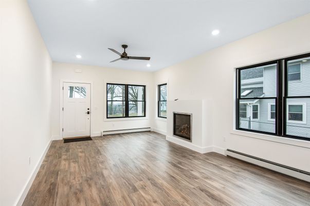 Empty room, Fireplace, Interior, Recessed Lighting, Wood Texture Flooring