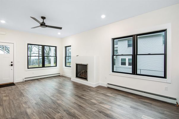 Empty room, Fireplace, Interior, Recessed Lighting, Wood Texture Flooring
