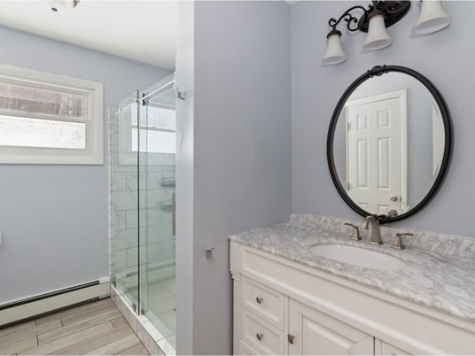 Bathroom, Glass Shower, Interior, Wood Texture Flooring