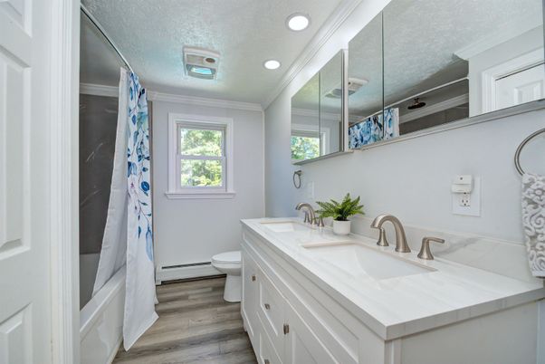 Bathroom, Dual Sink Vanities, Interior, Recessed Lighting, Wood Texture Flooring