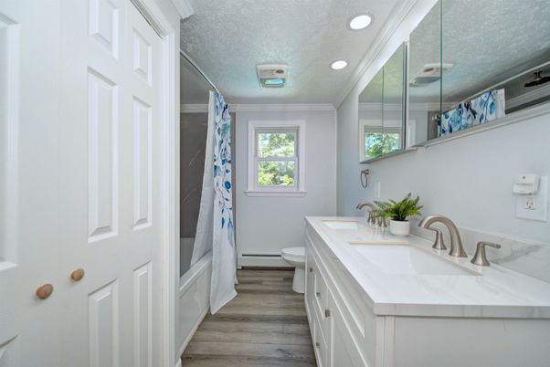 Bathroom, Dual Sink Vanities, Interior, Recessed Lighting, Wood Texture Flooring