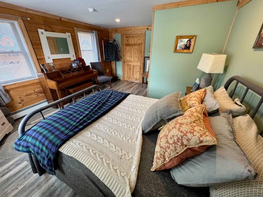 Bedroom, Dining room, Interior, Recessed Lighting, Wood Texture Flooring, Wooden Walls