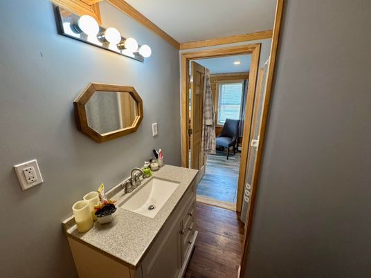 Bathroom, Interior, Recessed Lighting, Wood Texture Flooring