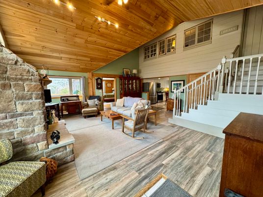 Fireplace, Interior, Living room, Stone Walls, Wooden Ceilings, Wood Texture Flooring