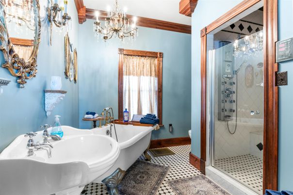 Bathroom, Chandelier, Glass Shower, Interior