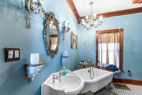 Bathroom, Chandelier, Free Standing Baths, Interior, Wooden Beams