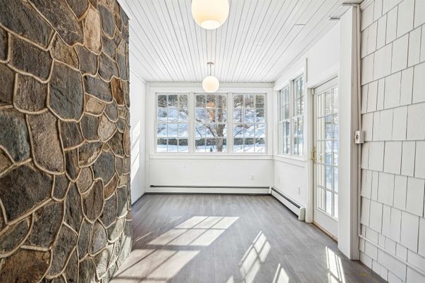 Empty room, Interior, Pendant Lights, Stone Walls, Wood Texture Flooring