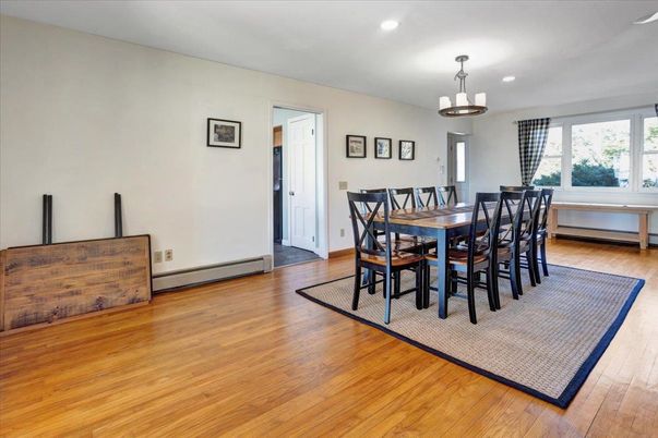 Dining room, Interior, Pendant Lights, Recessed Lighting, Wood Texture Flooring