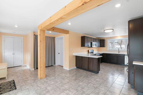 Interior, Kitchen, Recessed Lighting, Stainless Steel Appliances, Wooden Beams