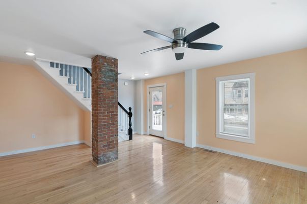 Empty room, Fireplace, Interior, Recessed Lighting, Wood Texture Flooring
