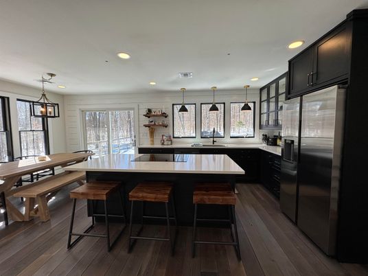 Dining room, Interior, Kitchen, Pendant Lights, Recessed Lighting, Wood Texture Flooring