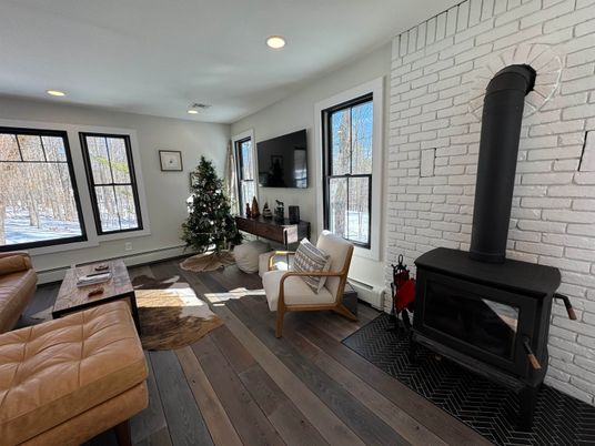 Fireplace, Interior, Recessed Lighting, Stone Walls, Wood Texture Flooring
