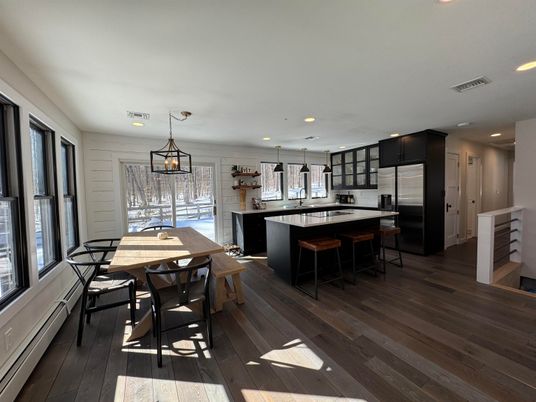 Dining room, Interior, Kitchen, Pendant Lights, Recessed Lighting, Stainless Steel Appliances, Wood Texture Flooring