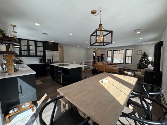 Dining room, Interior, Kitchen, Living room, Pendant Lights, Recessed Lighting, Wood Texture Flooring