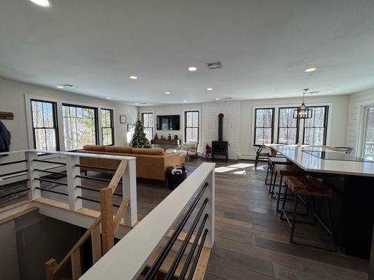Dining room, Interior, Living room, Pendant Lights, Recessed Lighting, Stone Walls, Wood Texture Flooring