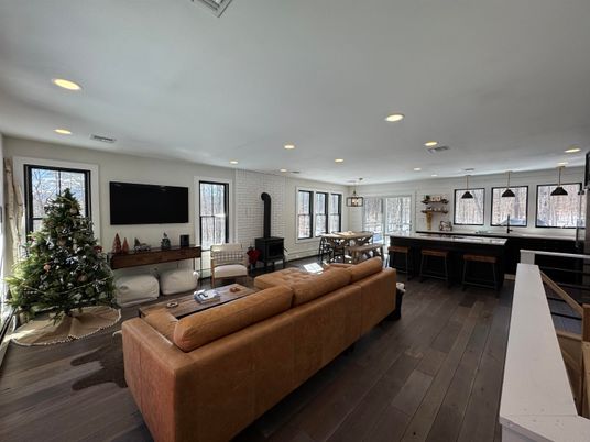 Dining room, Interior, Kitchen, Living room, Pendant Lights, Recessed Lighting, Stone Walls, Wood Texture Flooring