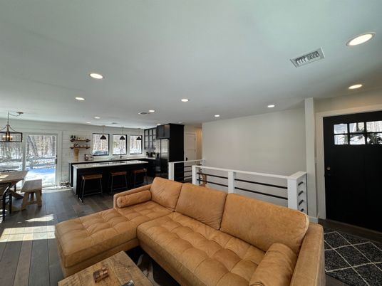 Dining room, Interior, Kitchen, Living room, Pendant Lights, Recessed Lighting, Stainless Steel Appliances, Wood Texture Flooring
