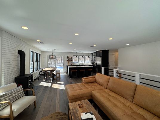 Dining room, Interior, Kitchen, Living room, Pendant Lights, Recessed Lighting, Stone Walls, Wood Texture Flooring